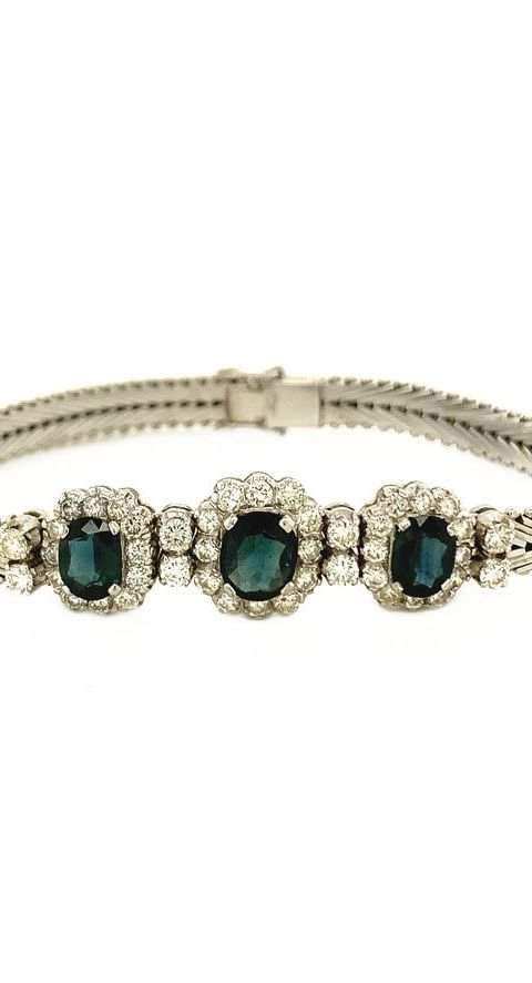 Vintage 18K White Gold Bracelet with Diamond and Sapphire